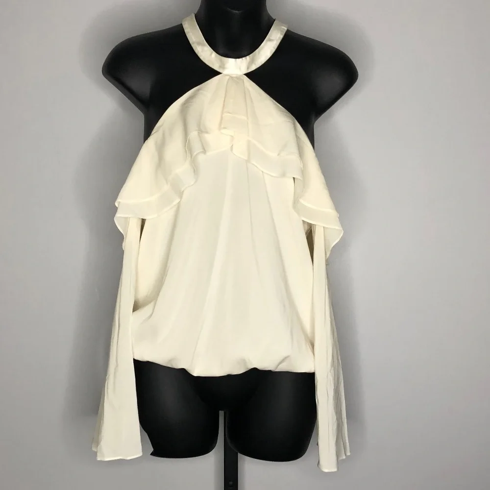 Alice + Olivia Ivory 94% Silk Long Sleeve Cold Shoulder Ruffle Blouse Medium